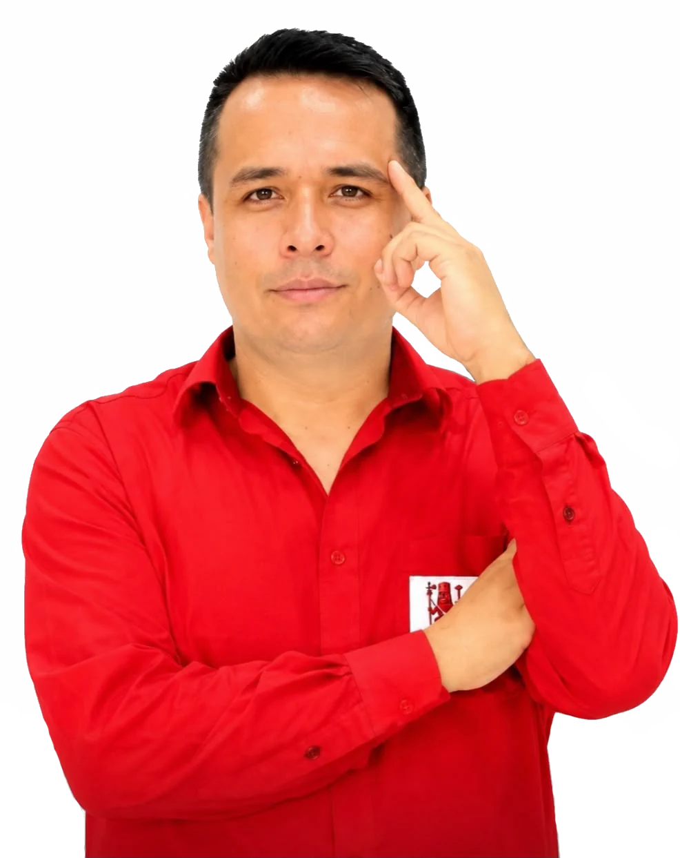 Ángel Guzmán Mendoza, con camisa roja y una mano junto a la sien.